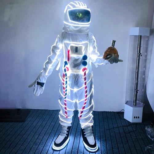White LED Luminous Astronaut Space Clothes Illuminated Flashing Robot Dance Suit Light Costumes Men Led Lighting Up Clothing