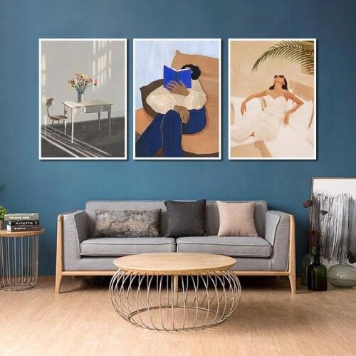 Freshening Canvas Painting Girl Reading Pictures Minimalist Nordic Style Print Wall Art Poster for Living Room Decoration Gift