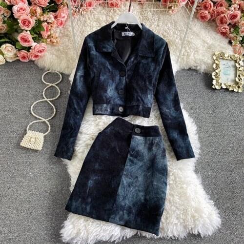 Temperament tie-dye fashion suit new loose short casual jacket two-piece high waist slim skirt