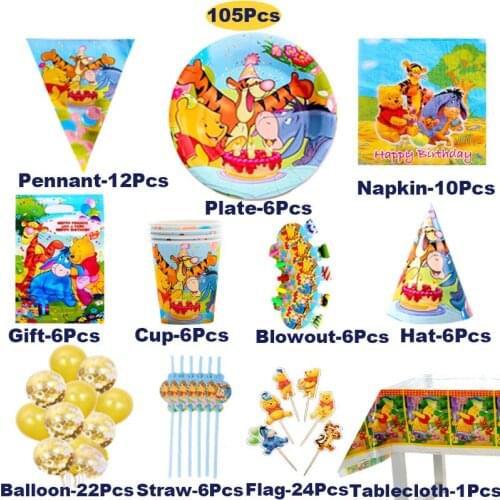 Winnie the Pooh 105/pcs Baby Shower Party Decoration Birthday Set Banner Bag Cup Plate Tablecloth Disposable Supplies For Kids
