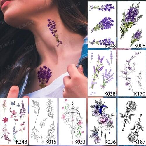 9PC Waterproof Temporary Tattoo Sticker Purple Lavender Plant Set Rose Flash Tatoo Woman Girl Child Kid Body Art Fake Tatto Man