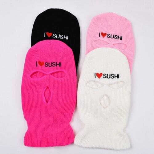 I Love Sushi Letter Embroidery Knitting Keep Warm Balaclava Unisex Hip Hop Face Mask Men Solid Color Skull Cap Beanie