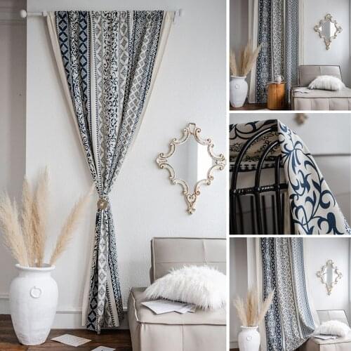 Boho Blue and White Porcelain Printed Cotton Linen Curtains For Living Room Bedroom Window Drape Treatment Curtain Home Decor