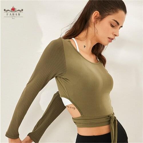 Women Bandage Yoga Shirts Fitness Workout Long Sleeve Running Breathable Crop Tops Quick Dry Yoga T-Shirt Gym Clothing
