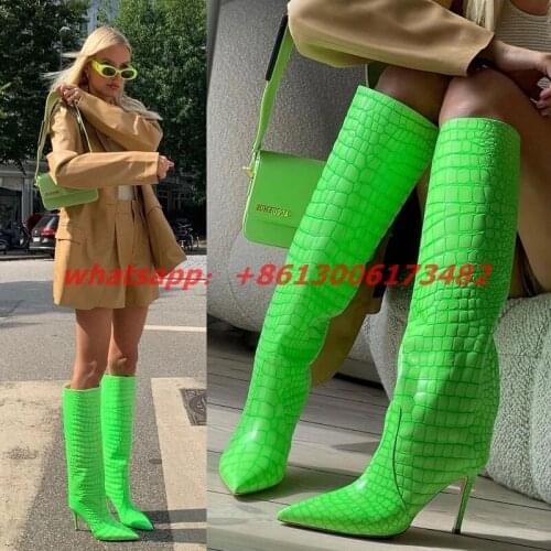 2021 new fall woman Pointed toe green crocodile leather boots women fashion green leather thin skinny knee high boots