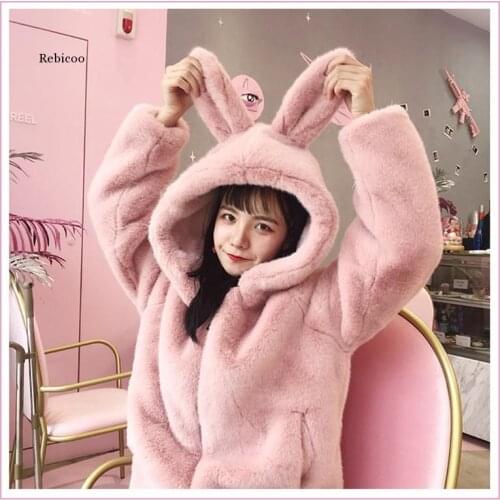 Women Hoodies Winter Cartoon Coats Harajuku Lolita Pink Overcoat Japenese Style Cute Rabbit Ear Kawaii Warm Thick Velvet Jacket