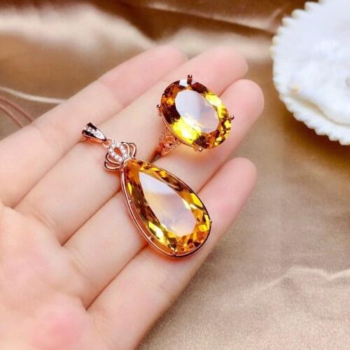 New 925 Silver Necklace Jewelry Set Citrine Zircon Pendant Choker For Women Wedding Adjustable Ring Party Student Gift