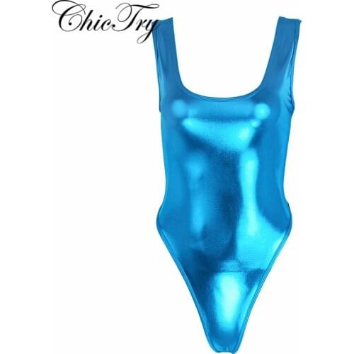 Womens Fashion Ballet Leotard Sleeveless High Cut Patent Leather Thong Gymnastics Leotard Dancewear Swimsuit for Performance