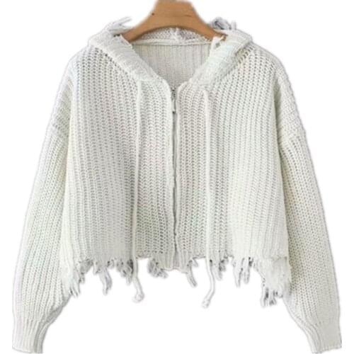 SLLSKY Womens Cropped Cardigans Sweaters 2020 Autumn Solid Female Hooded Sweater V-Neck Zipper Sweater Woman Knitted Cardigans