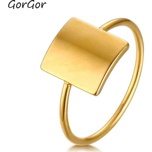 GorGor Rings Women Stainless Steel Gold-color Smooth Shape Geometry Bend Engraved Simplicity Unique Jewelry R-463G