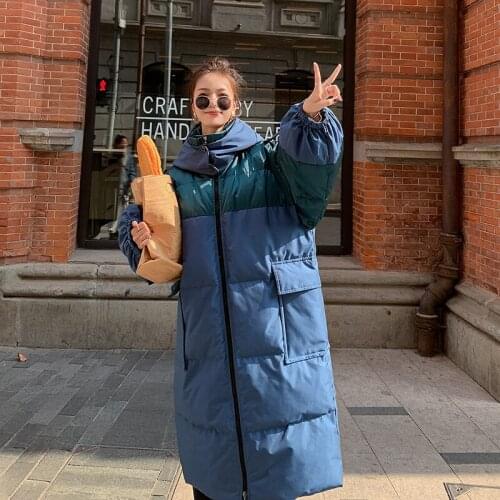 Winter Clothes Women Oversize Splice Hooded Long Cotton Padded Jacket Parkas Female Fashion Korean Thick Warm Coat