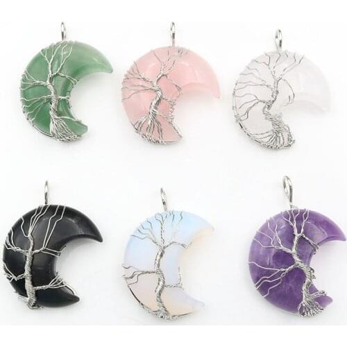 Tree of Life Moon Shape Pink Green Purple Stone Crystal Wire Wrap Handmade Pendant for Jewelry Making ACC