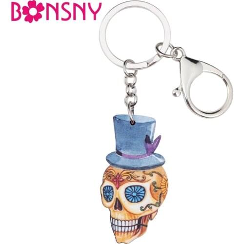 Bonsny Acrylic Halloween Festival Hat Skeleton Skull Key Chains Anime Keyrings For Women Girl Ladies Handbag Car Key Charms GIFT