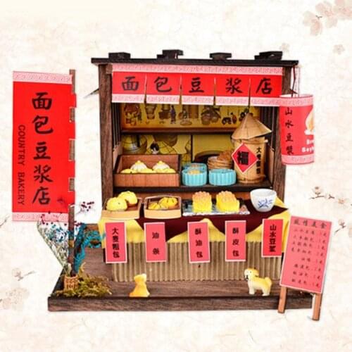 DIY Wooden Dollhouse Miniature Kit with Furniture, LED Light Chinese Style Breakfast Bar Dollhouse Furniture Kit
