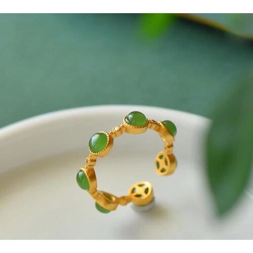 Good Luck Comes Ring Ancient Gold Craft S925 Sterling Silver Russian Green Jasper Ring Simple Opening Index Finger Ring Female