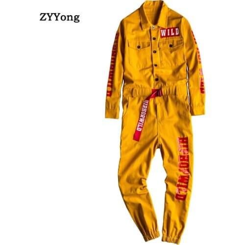 2021 Loose Overalls Mens Jumpsuit Cotton Letter Print Lapel Long Sleeve Tie Feet Casual Pants Hip Hop Workwear Yellow Trousers