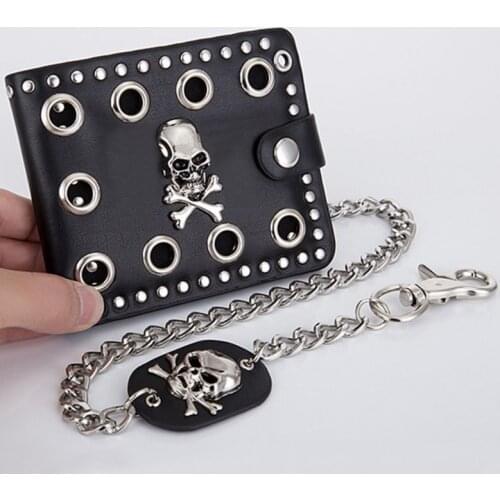 Leather Cool Punk Gothic Western Skull Clutch Purse Wallets With Chain For Men 28GD