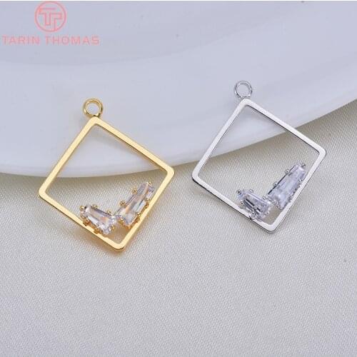 6PCS 16MM 24K Gold Color Plated Brass with Zircon Square Charms Pendants High Quality DIY Jewelry Making Findings