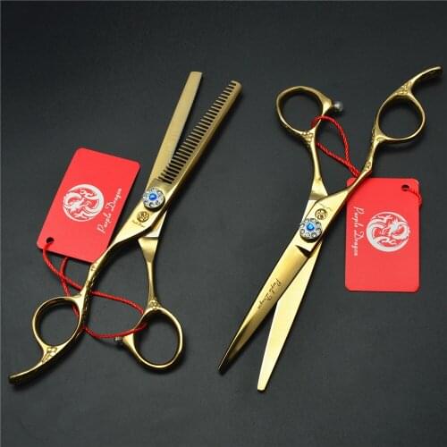2Pcs Left Hand 6 inch 17.5cm Golden Professional Human Hair Scissors Hairdressing Scissors Cutting Shears + Thinning Scissors