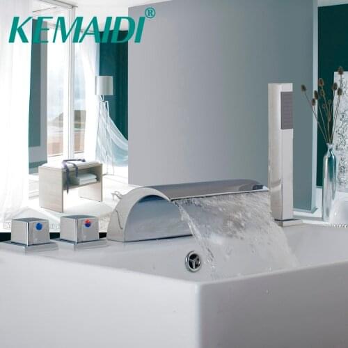 KEMAIDI New Luxury Deck Mounted Chrome Waterfall Bathroom Tub Faucet 5 PCS Mixer W/ Hand Shower Bathroom Tap Deck Mounted