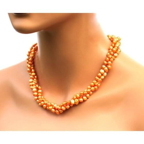 Unique Pearls jewellery Store Orange Color 3 rows Baroque Genuine Freshwater Pearl Necklace Free Silver Earrings