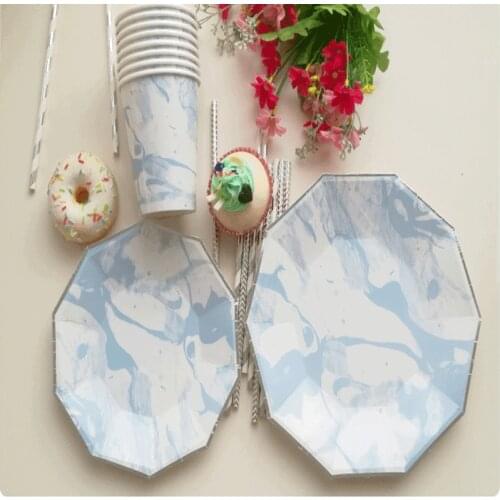 New Blue Marble Texture Party Polygonal Disposable Plate Cup Paper Tableware