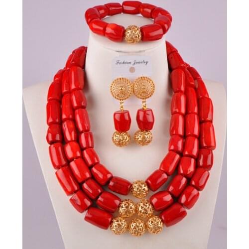 Gorgeous nigerian wedding african jewelry set red coral necklace jewelry set C21-29-03
