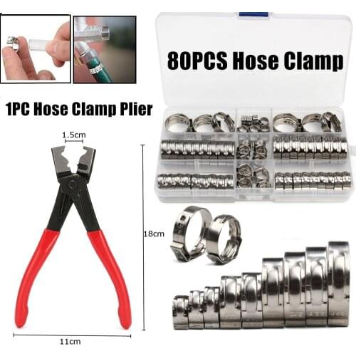 80PCS 7-23.5mm Stainless Steel 1-Ear Stepless Fuel Clamp Worm Drive Fuel Water Hose Pipe Clamps Clips+ 1PC Hose Clip Clamp Plie