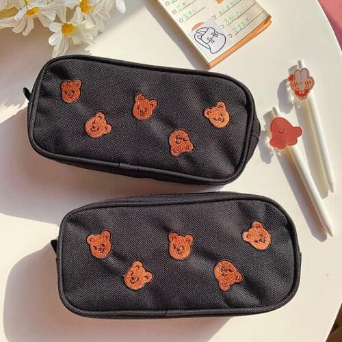 Pencil Bag Pen Case Pencil Pouch Kawaii Bear Embroidery Canvas Kids Gift Cosmetic Stationery Big Capacity Cute Bear Tourzoo