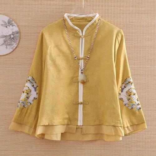 Women Tops Tang Suit Autumn Embroidered Chinese Style Vintage Loose Short Coat Tops Lady Buckle Casual Jacket Female S-XXL