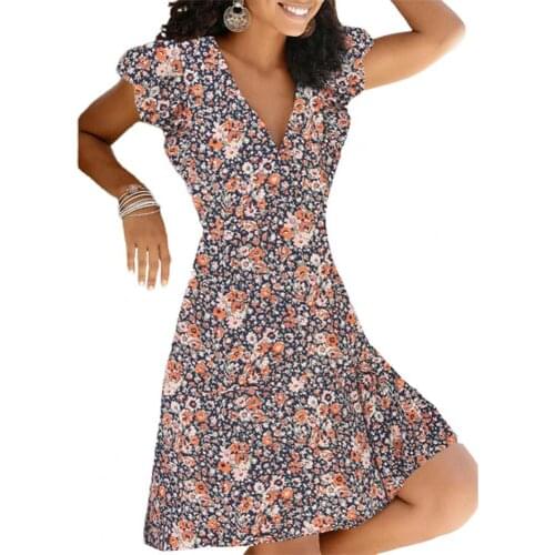 Women Dress Short Sleeve V Neck Breathable Floral Printed Polyester A-line Party Dress Summer Dress robe femme женское платье