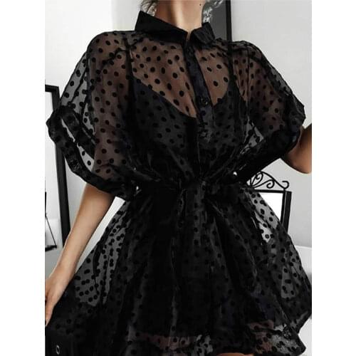 Sexy Women See Through Transparent Mini Two Piece Dress Polka Dot Loose Oversized Shirt with Sashes Spaghetti Strap Camisole Set