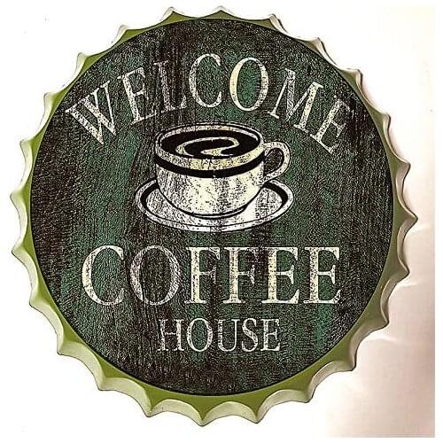 Tin Sign Bottle Cap Metal Tin Sign Welcome Coffee House , Round Metal Signs for Home and Kitchen Bar Cafe Gas Station Garage