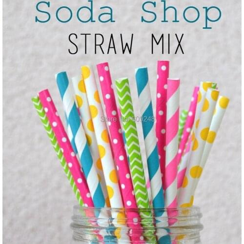 125pcs Mixed Colors Soda Shop Bright Rainbow Paper Straws,Pink Lime Blue Yellow Straws Chevron Dot Stripe,Wedding Decoration