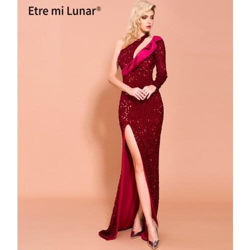 2020 Sexy Red Irregular Neck One Shoulder Sequin Evening Dresses Mermaid Elegant High Split Maxi Evening Gown LE4026