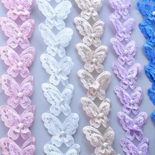 20y 7*6cm 80y 3D Pearl Embroidery Butterfly Mesh Lace Trim for Baby Girls Clothes Dress Decorations DIY Hair Accessories