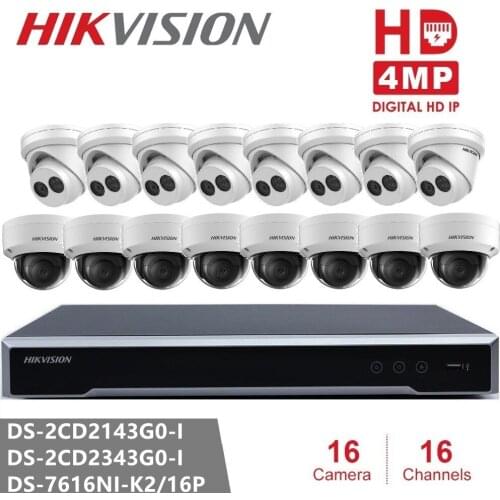 Hikvision DS-7616NI-K2/16P 16CH 16POE H.265 NVR & Camera DS-2CD2343G0-I & DS-2CD2143G0-I 4MP Network Dome Security Camera P2P