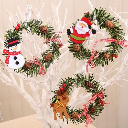 Artificial Vine Christmas Wreath w/Lanyard Cartoon Santa Claus Pattern Decor Foliage Garland Xmas Tree Hanging Wreath for Home