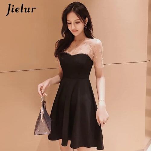 Jielur Black Dresses Women Elegant Lady Casual Pearl Beading Mesh Patchwork A-Line Dress Korean Summer Sexy Slim Vestidos Verano