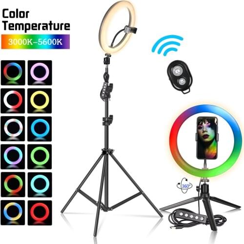 10 inch RGB Selfie Ring Light with Tripod Stand & Phone Holder Remote Control Dimmable 15 Colors Flash Modes for Makeup