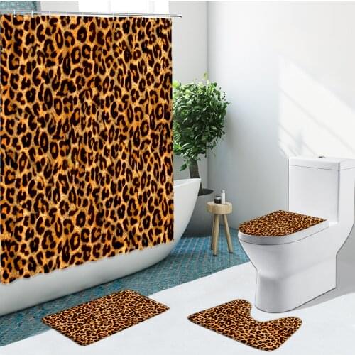 Leopard Pattern Shower Curtain Modern Cheetah Non-Slip Flannel Rug Toilet Cover Bathroom Set Bath Mat Home Indoor Decor Washable