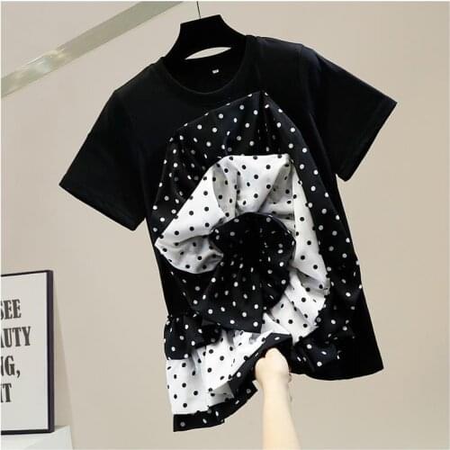 Fashionable Pleated Irregular Three-dimensional Polka Dot Big Flower Patchwork O Neck Short Sleeve T-shirt Womens Tops