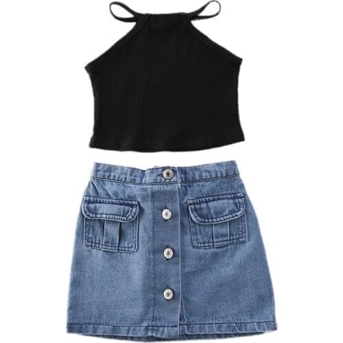 Fashion 1-6Y Toddler Kids Outfits Baby Clothes Set Black Vest Tank Top & Denim Mini Skirts Girl 2PCS Outfit