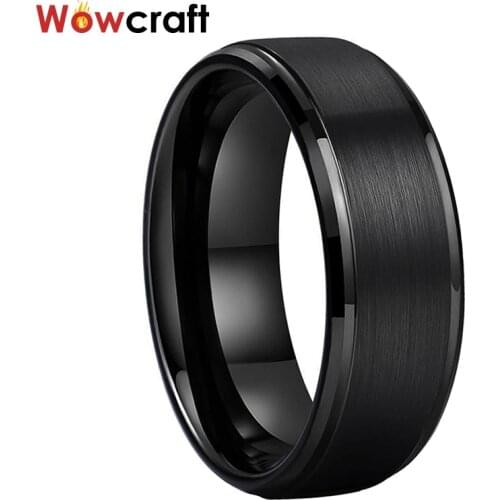 Mens Tungsten Carbide Ring 8mm Brushed Matte Finish Top Black Plated Wedding Bands Beveled Edges Size 5-15