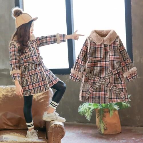 Girls Coat Wool Winter overcoat for girls Teens plaid turn down collar autumn jacket warm long outerwear Children Casual coat