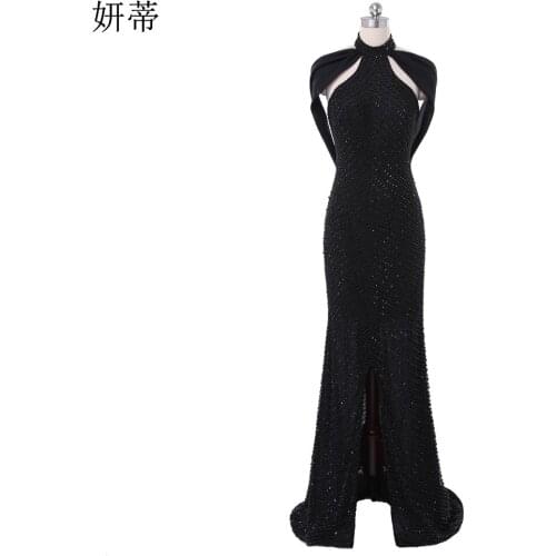 Elegant Black Open Back Chiffon Mermaid Prom Dresses 2018 Halter Neck Beading Sequin Off The Shoulder Sleeveless Evening Dress