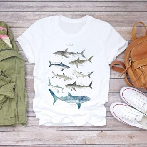Women Animal Fashion Cute Shark 90s Style Cartoon Print Lady T-shirts Top Womens Graphic T Shirt Ladies Female Tee T-Shirt