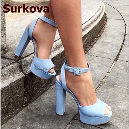 Surkova Sky Blue Brown Suede Platform Chunky Heel Sandals Open Toe Ankle Buckle Strap Party Shoes Concise Runway Dress Pumps