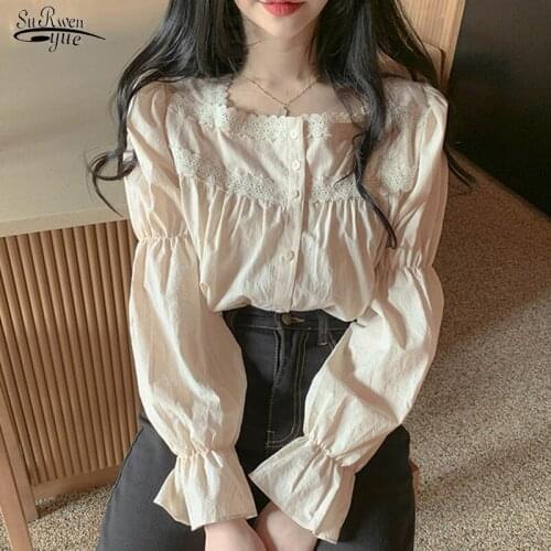 2021 Elegant Puff Long Sleeve Women Blouse Autumn Lace Stitch Square Collar Shirt Vintage Casual Solid Shirt Blusas Mujer 10955