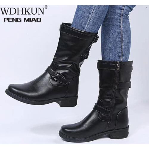 Women Buckle Mid-Calf Boots Female Low Square Heel Zipper Half Boots 2020 Woman Fall Winter Pu Flat Shoes Black Gray Size 43